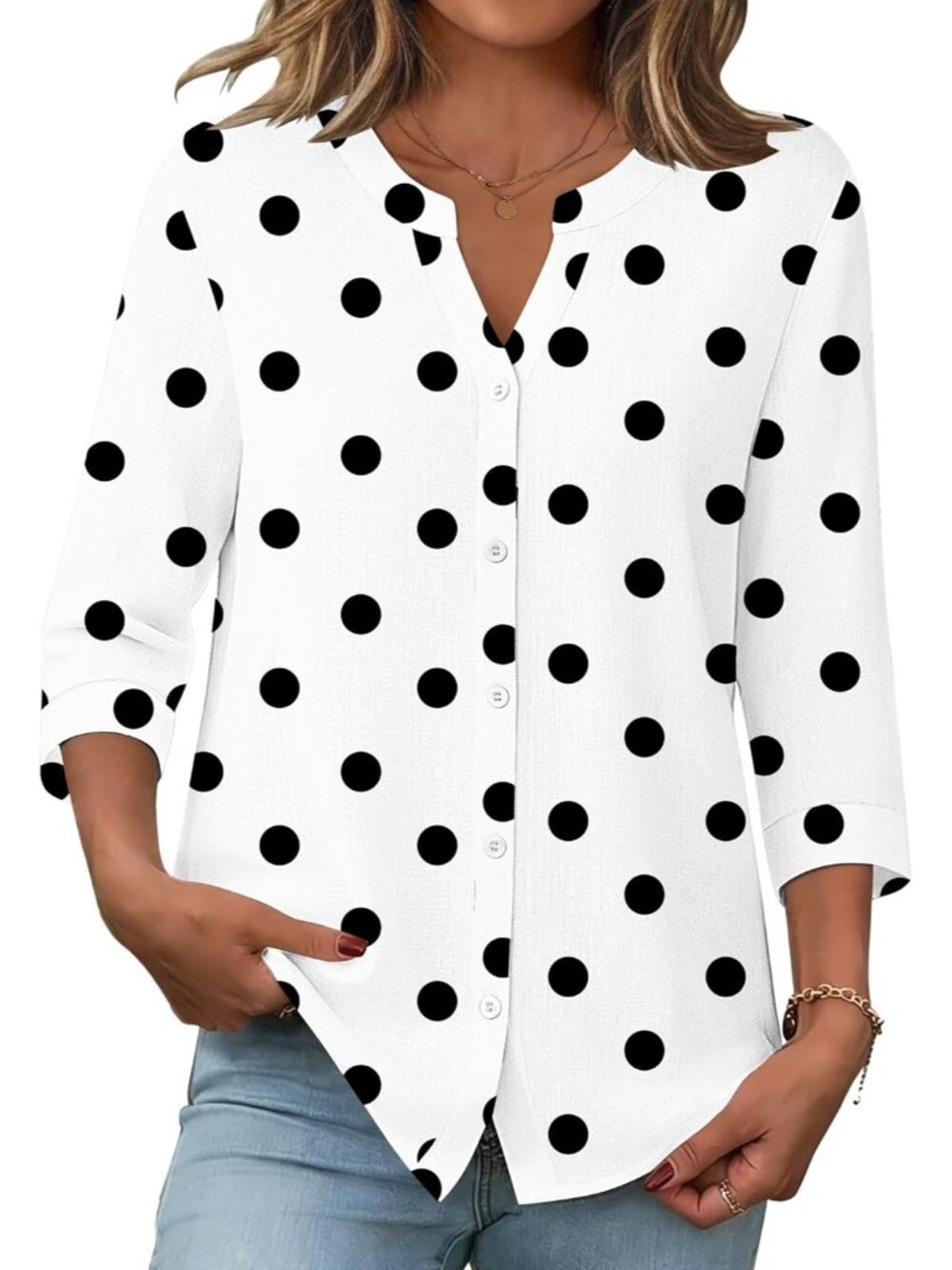Women's Polka Button Down Sleeve Linen Cotton V Neck Casual Loose Work Blouses